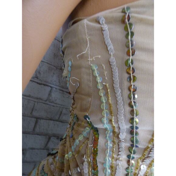 $1400 Jean Louis Scherrer Sequin Beaded Beize Mini Sheath Dress Small NEW - Picture 5 of 13